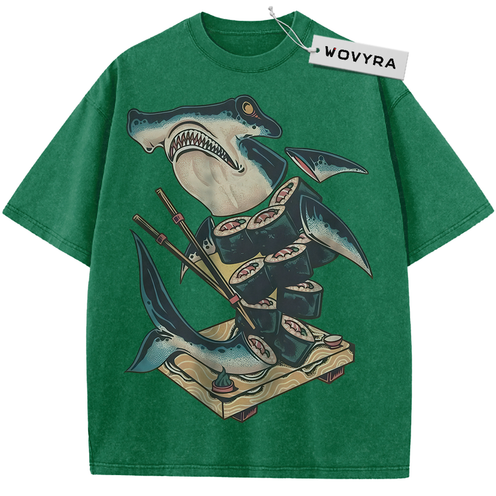 Green Sushi Shark T-shirt with a cartoon shark holding chopsticks