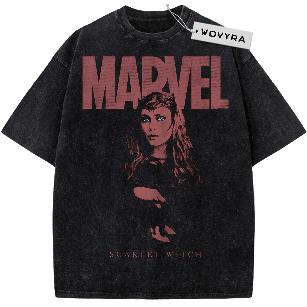 Marvel Scarlet Witch Red Portrait Vintage T-Shirt with a muted red Scarlet Witch portrait beneath large Marvel lettering