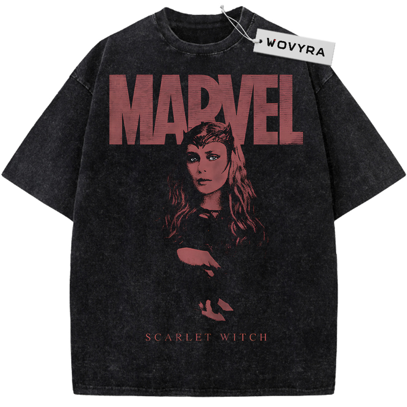 Marvel Scarlet Witch Red Portrait Vintage T-Shirt with a muted red Scarlet Witch portrait beneath large Marvel lettering