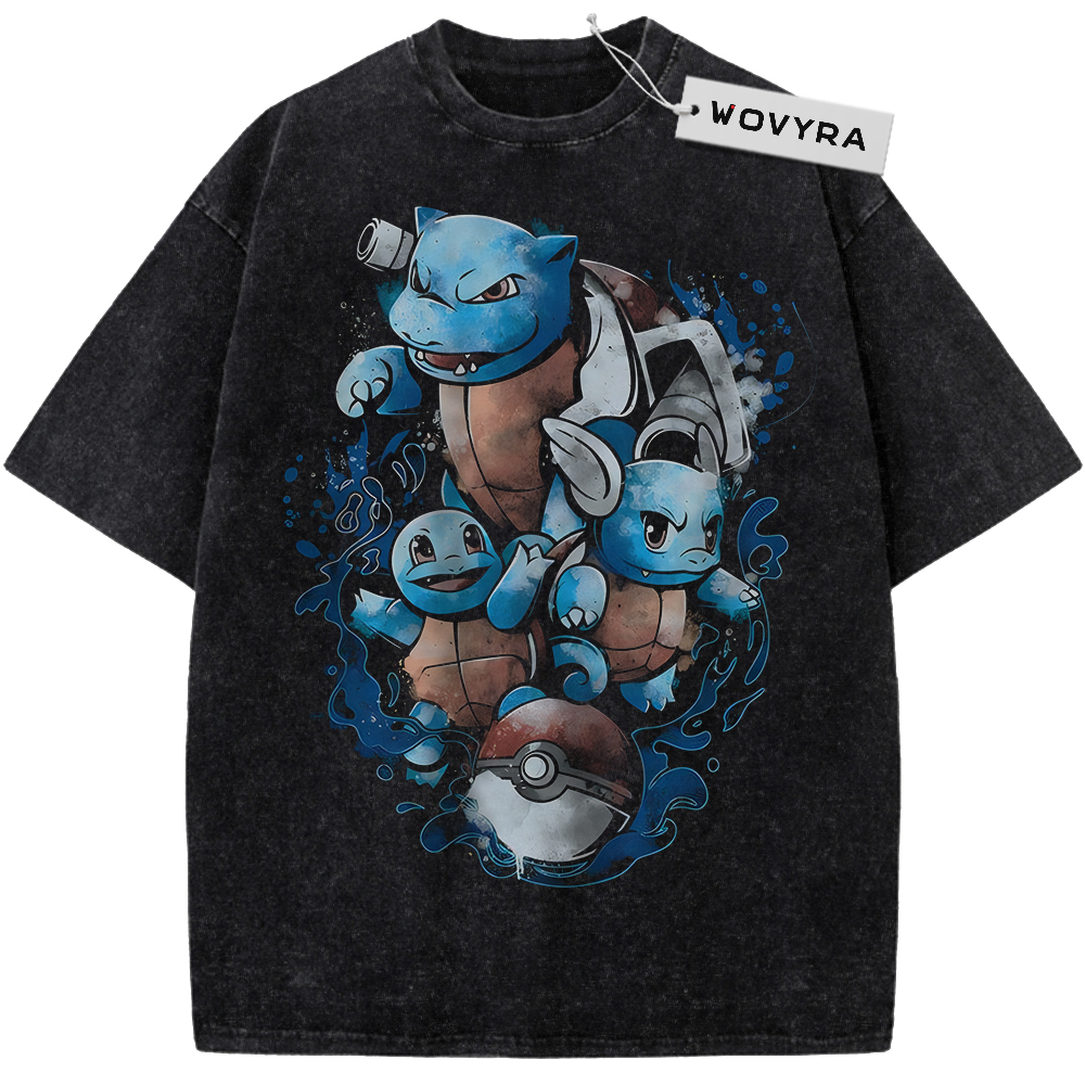 Squirtle, Wartortle & Blastoise Pokemon Water Trio Vintage T-Shirt with three blue characters arranged above a red-and-white ball