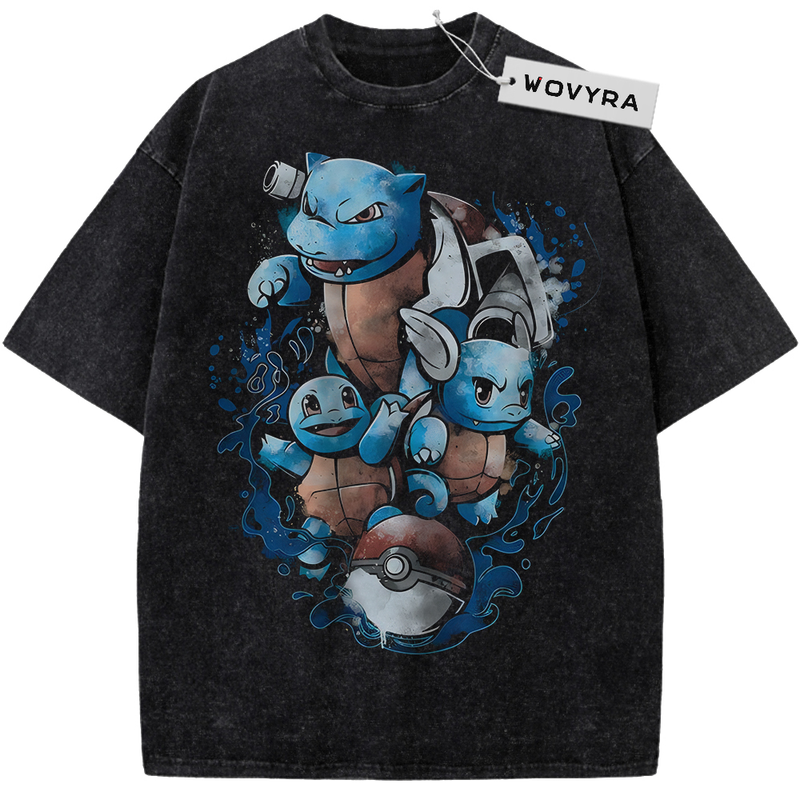 Squirtle, Wartortle & Blastoise Pokemon Water Trio Vintage T-Shirt with three blue characters arranged above a red-and-white ball