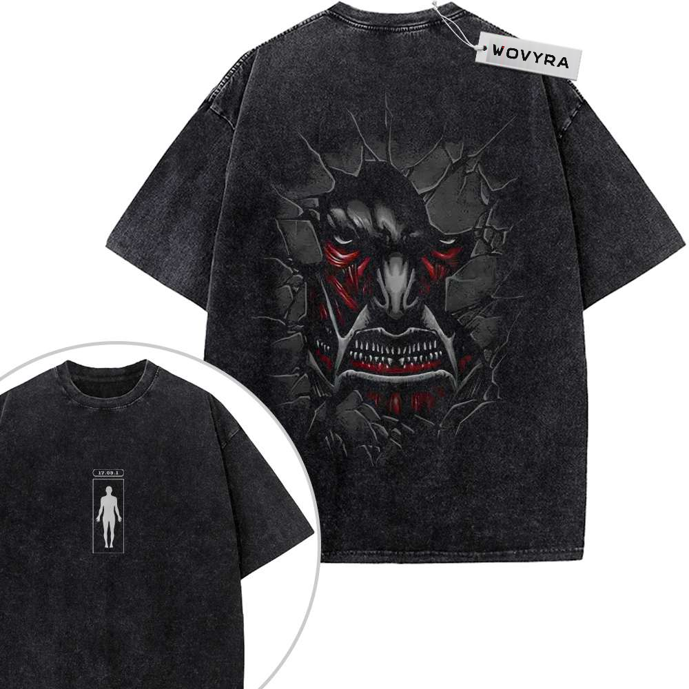 2-sided vintage T-shirt featuring a Colossal Titan face breaking through a cracked wall with dark red accents