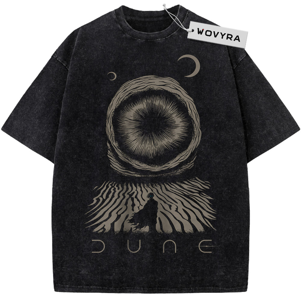 Dune Sandworm Vintage T-Shirt with a circular sandworm graphic above a desert silhouette