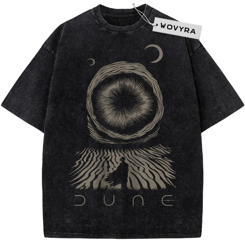 Dune Sandworm Vintage T-Shirt with a circular sandworm graphic above a desert silhouette