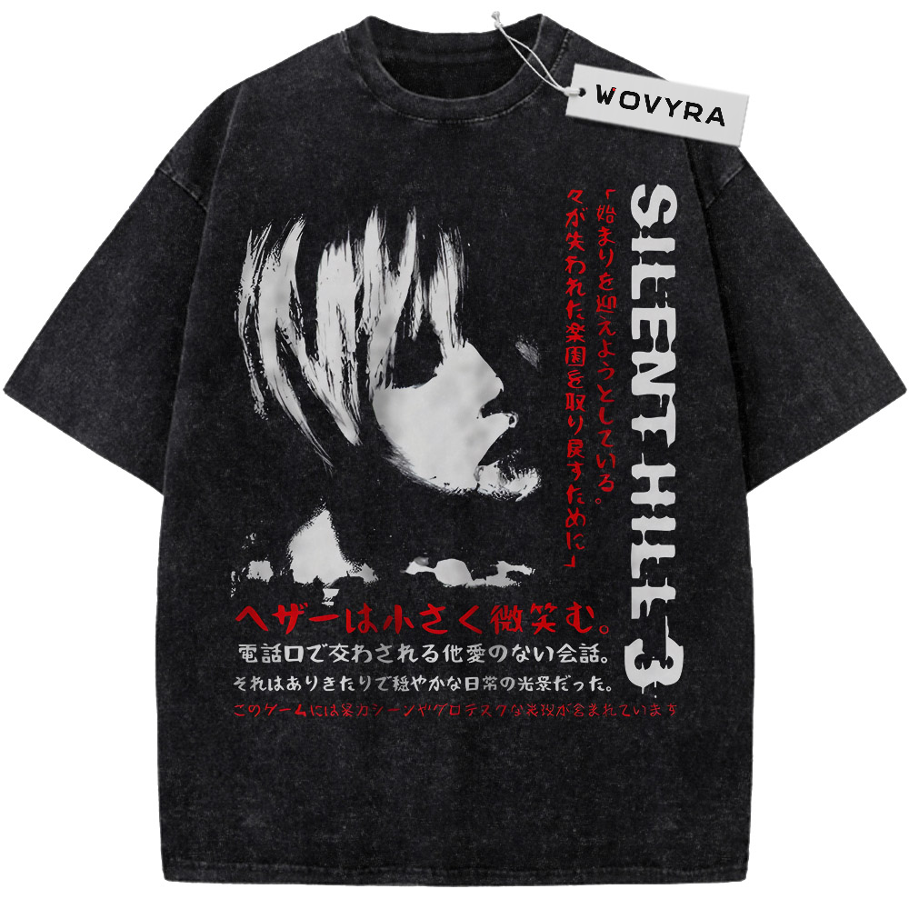Silent Hill 3 Monochrome Face Vintage T-Shirt with a monochrome face with vertical title text and red Japanese lettering