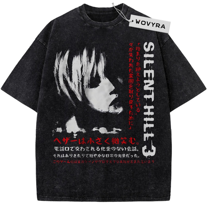 Silent Hill 3 Monochrome Face Vintage T-Shirt with a monochrome face with vertical title text and red Japanese lettering