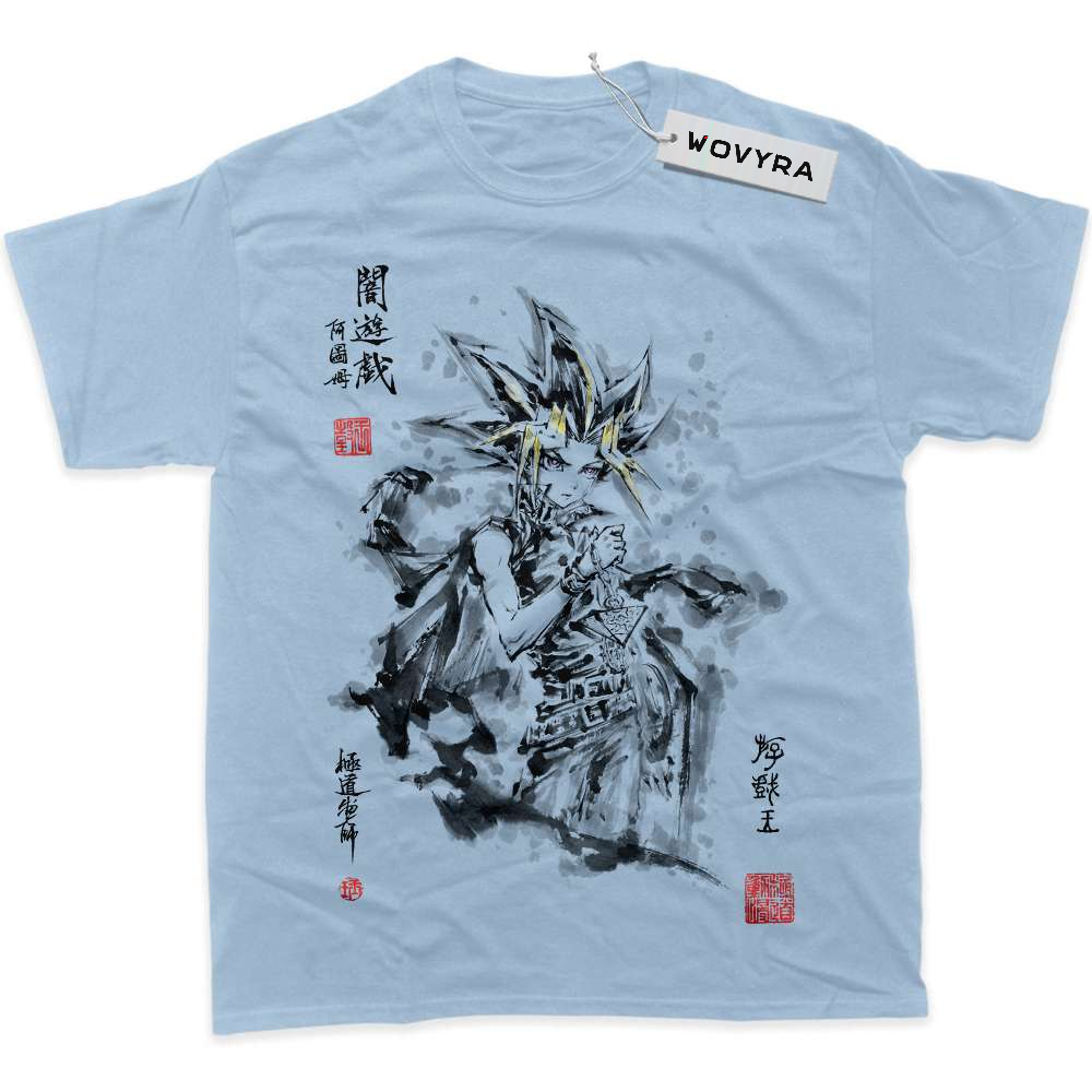 Light blue WOVYRA Atem Yugi Muto classic T-shirt with black ink-style artwork and red stamp details