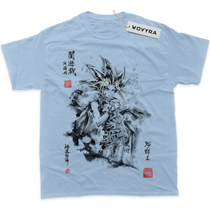 Light blue WOVYRA Atem Yugi Muto classic T-shirt with black ink-style artwork and red stamp details