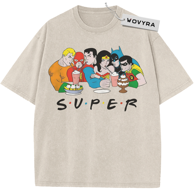 Apricot vintage T-shirt featuring a Justice League cartoon group with cups and SUPER lettering