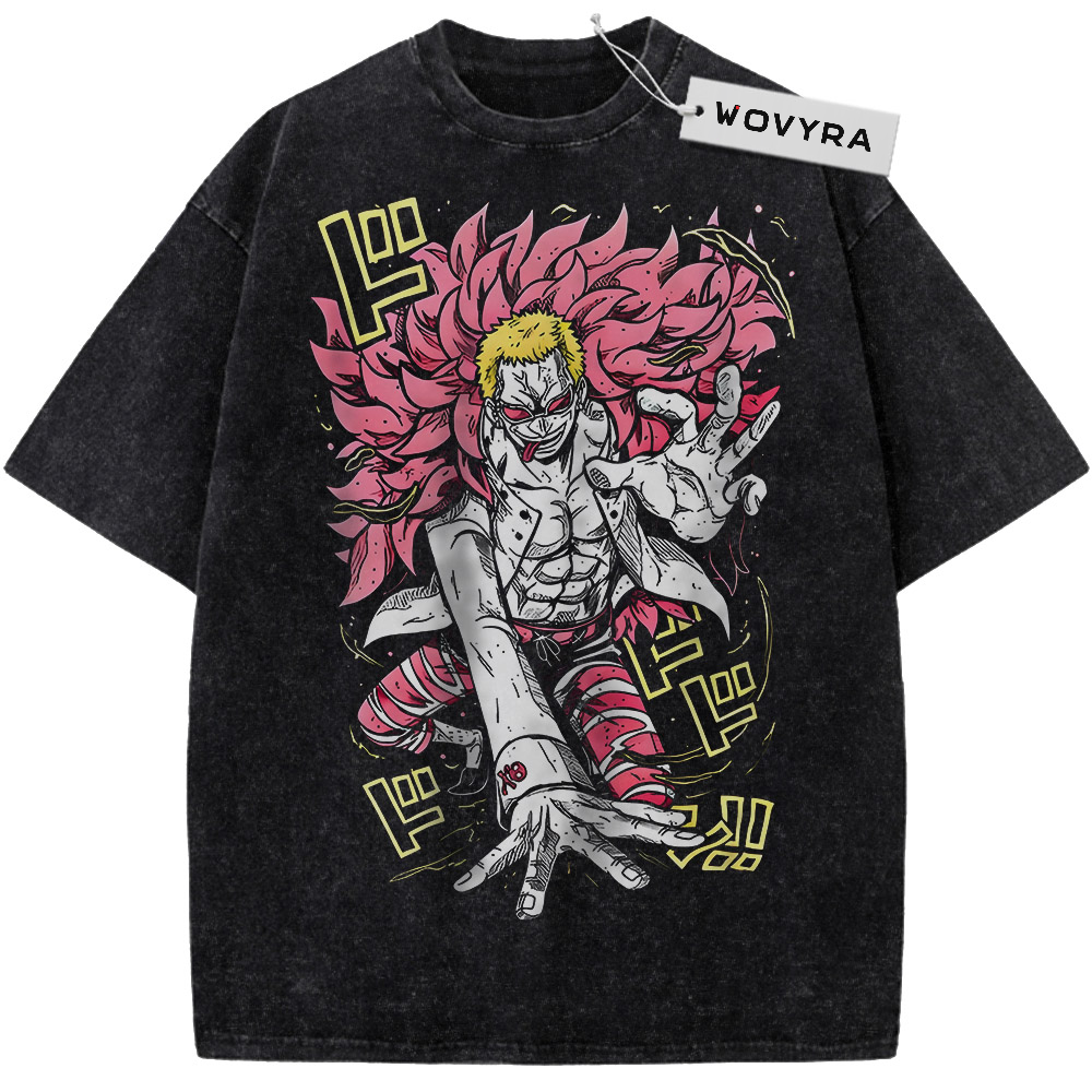 Vintage T-shirt featuring Doflamingo with a pink feathered coat and angular yellow accents