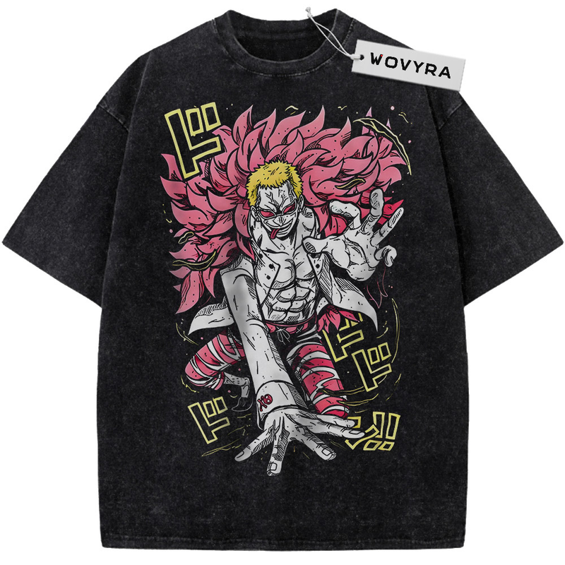 Vintage T-shirt featuring Doflamingo with a pink feathered coat and angular yellow accents