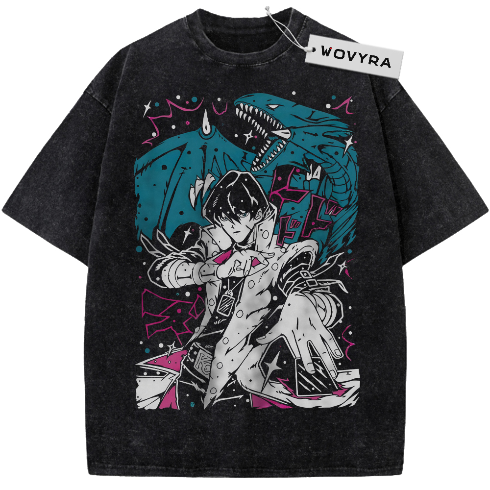 Seto Kaiba & Blue-Eyes White Dragon Teal Art Vintage T-Shirt with a monochrome character with a teal dragon and pink accents
