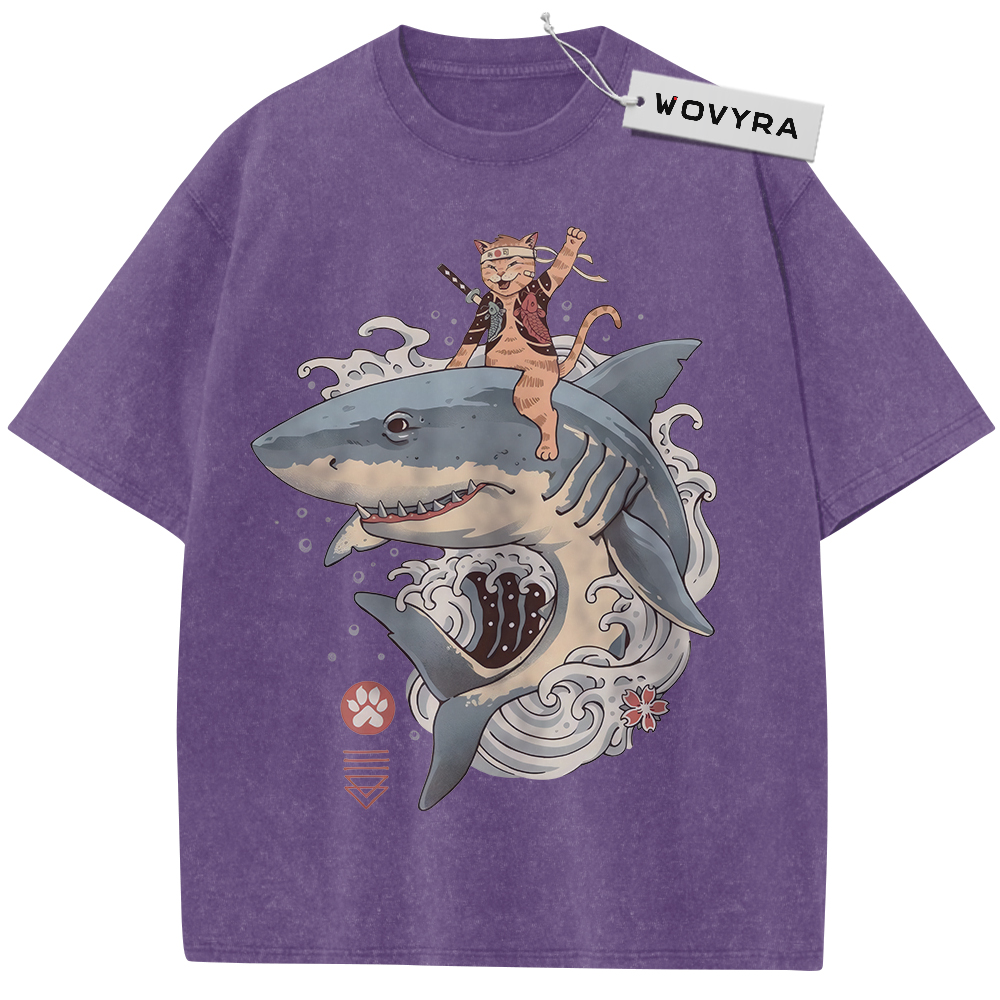 Purple Samurai Cat Shark T-shirt with a cat riding a shark through curling waves