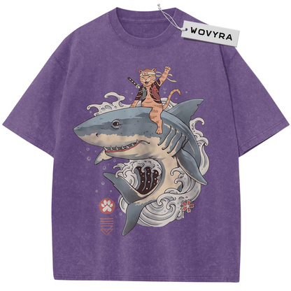 Purple Samurai Cat Shark T-shirt with a cat riding a shark through curling waves