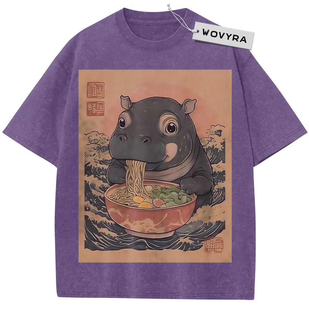 Purple Ramen Hippo T-shirt with a hippo eating noodles in a warm-toned frame