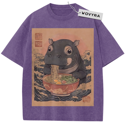 Purple Ramen Hippo T-shirt with a hippo eating noodles in a warm-toned frame