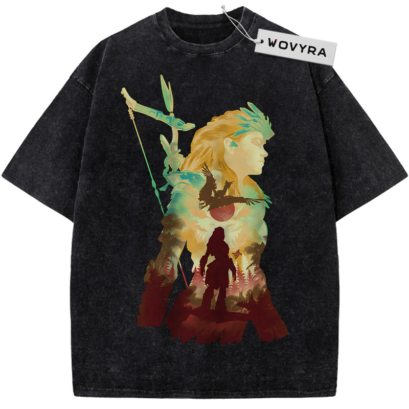 Horizon Forbidden West Aloy Golden Silhouette Vintage T-Shirt with a golden profile layered with a bow and landscape shapes