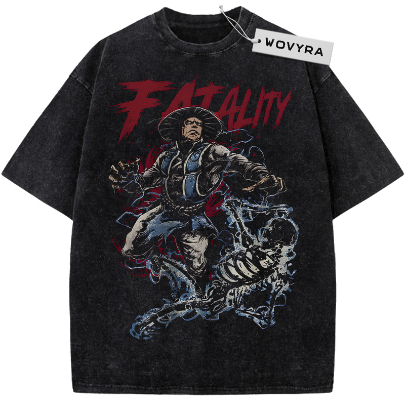 Mortal Kombat Raiden Fatality Vintage T-Shirt with a lightning-wielding fighter beneath red Fatality lettering