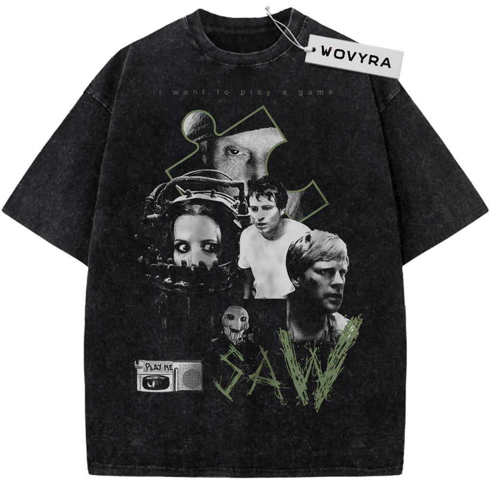 Vintage T-shirt featuring a monochrome Saw portrait collage with green title lettering