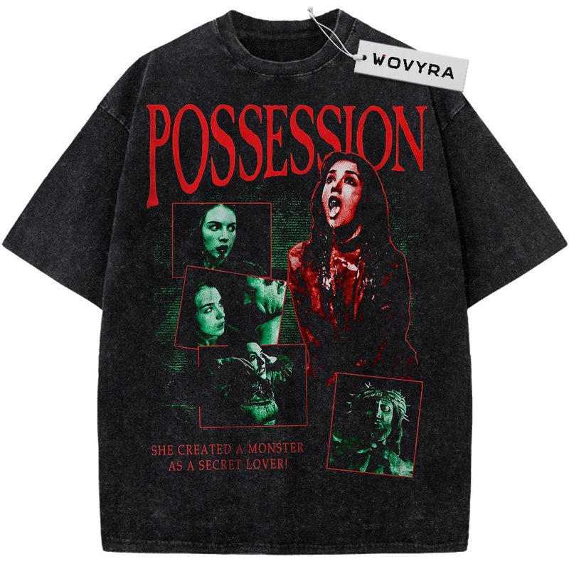Vintage T-shirt featuring a red central portrait surrounded by small green film panels