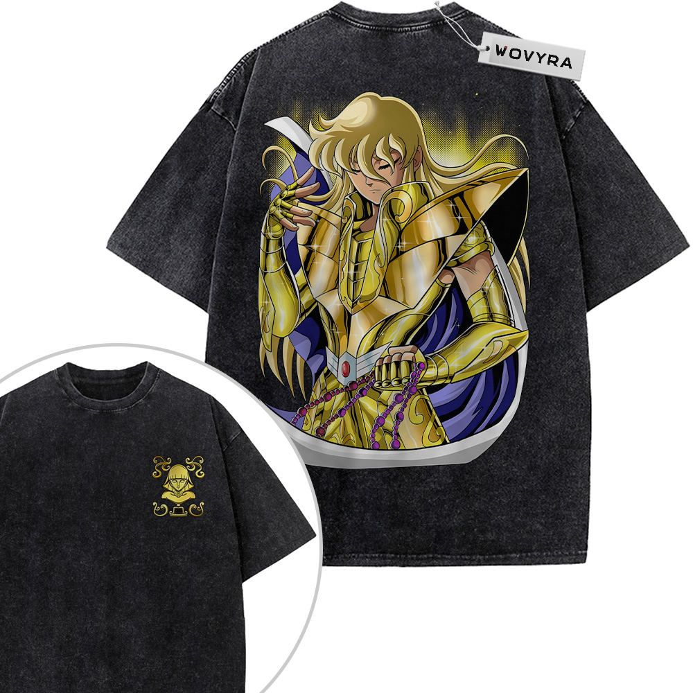 2-sided vintage T-shirt featuring Virgo Shaka in gold armor with a purple sash and glowing yellow accents