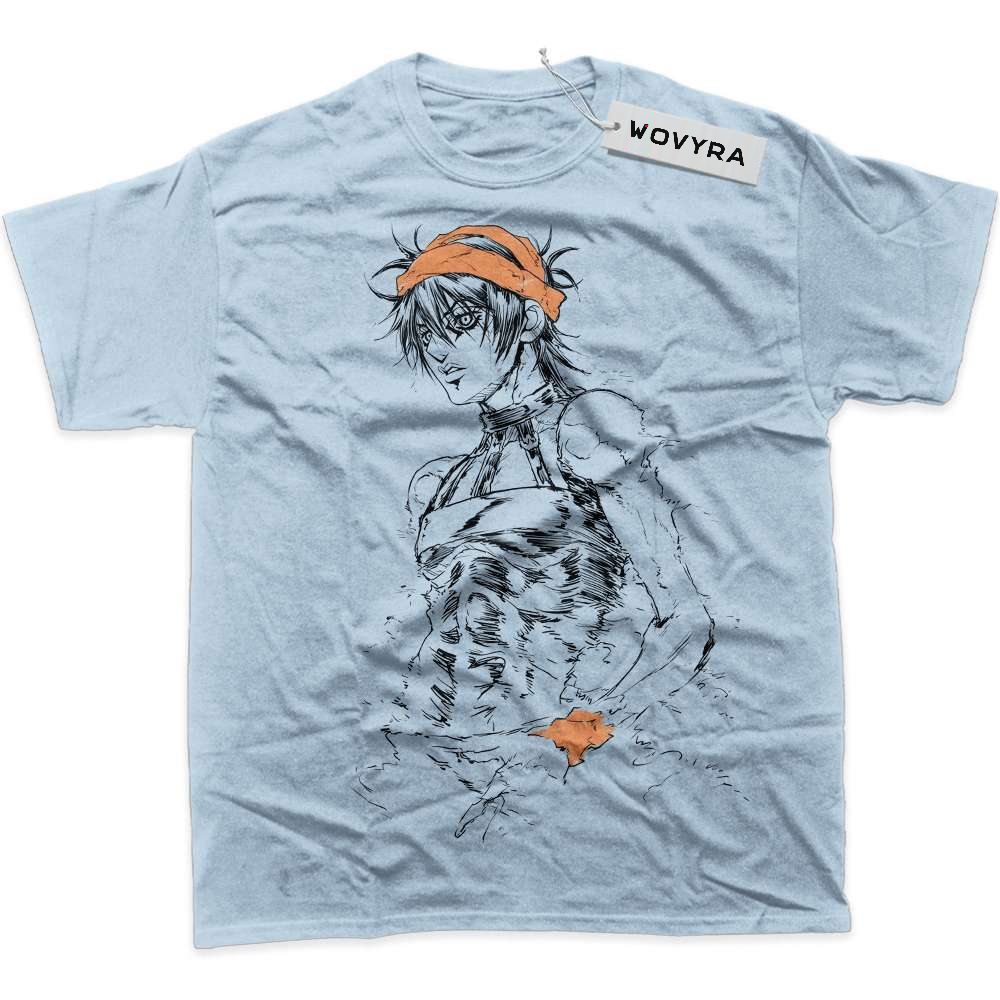 Light blue Narancia Ghirga T-shirt with line-drawn character artwork and orange headband