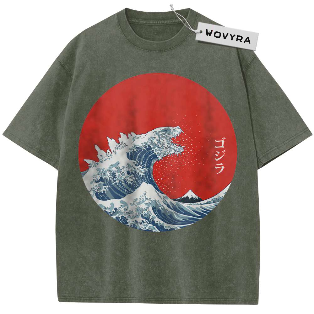 Olive green kaiju T-shirt with a monster-shaped blue wave and red sun graphic