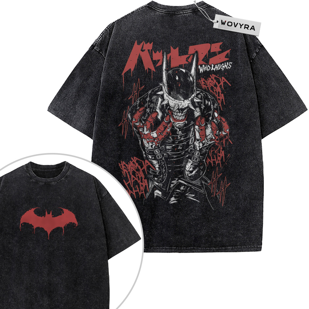 The Batman Who Laughs Red Lettering 2-Sided Vintage T-Shirt with a dark masked figure surrounded by red lettering and marks