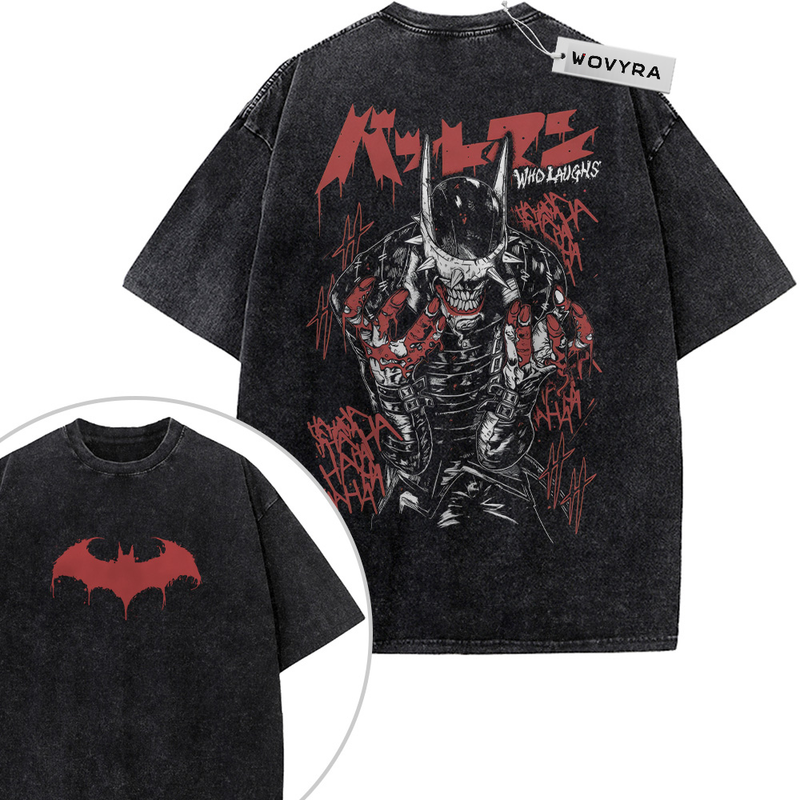The Batman Who Laughs Red Lettering 2-Sided Vintage T-Shirt with a dark masked figure surrounded by red lettering and marks