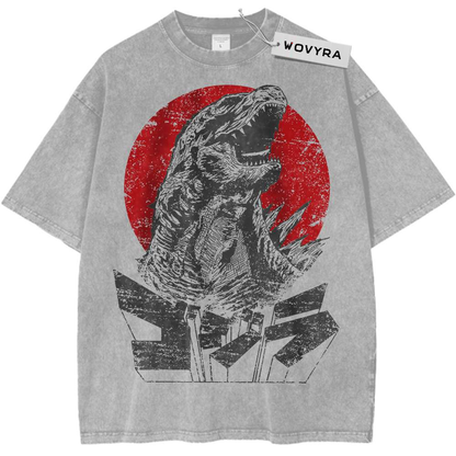 Light gray kaiju T-shirt with a roaring monster graphic against a red sun