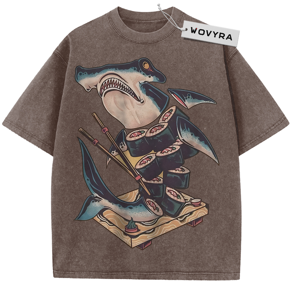 Brown Sushi Shark T-shirt with a cartoon shark holding chopsticks