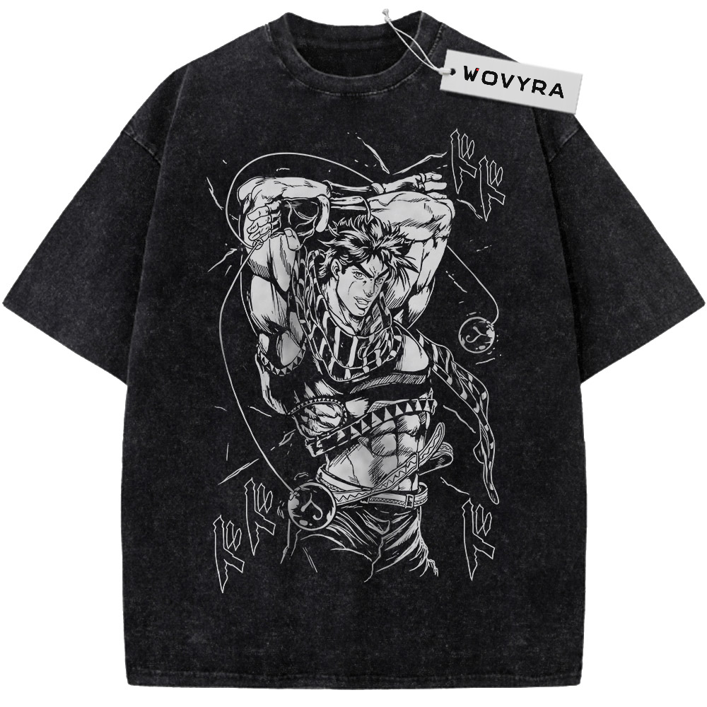 JoJo's Bizarre Adventure Joseph Joestar Raised Arm Vintage T-Shirt with a monochrome muscular figure posing with one arm raised