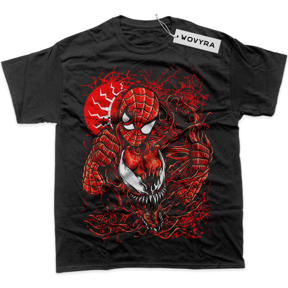 Black WOVYRA Spider-Man vs Carnage Red Split Mask Classic Tee