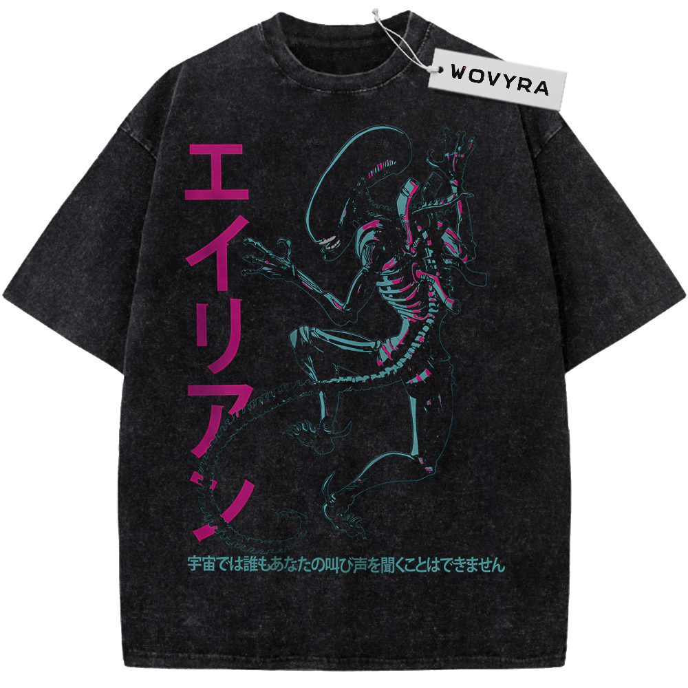 Alien vs Predator Neon Alien Profile Vintage T-Shirt with a blue-and-pink alien profile beside vertical Japanese lettering