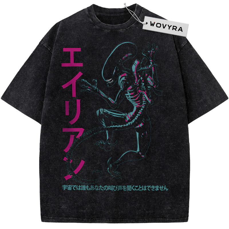 Alien vs Predator Neon Alien Profile Vintage T-Shirt with a blue-and-pink alien profile beside vertical Japanese lettering