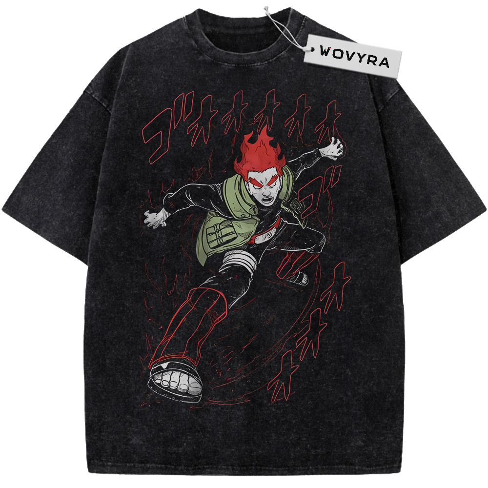 Naruto Might Guy Red Flame Pose Vintage T-Shirt with a kicking character with red flame-like hair and accents