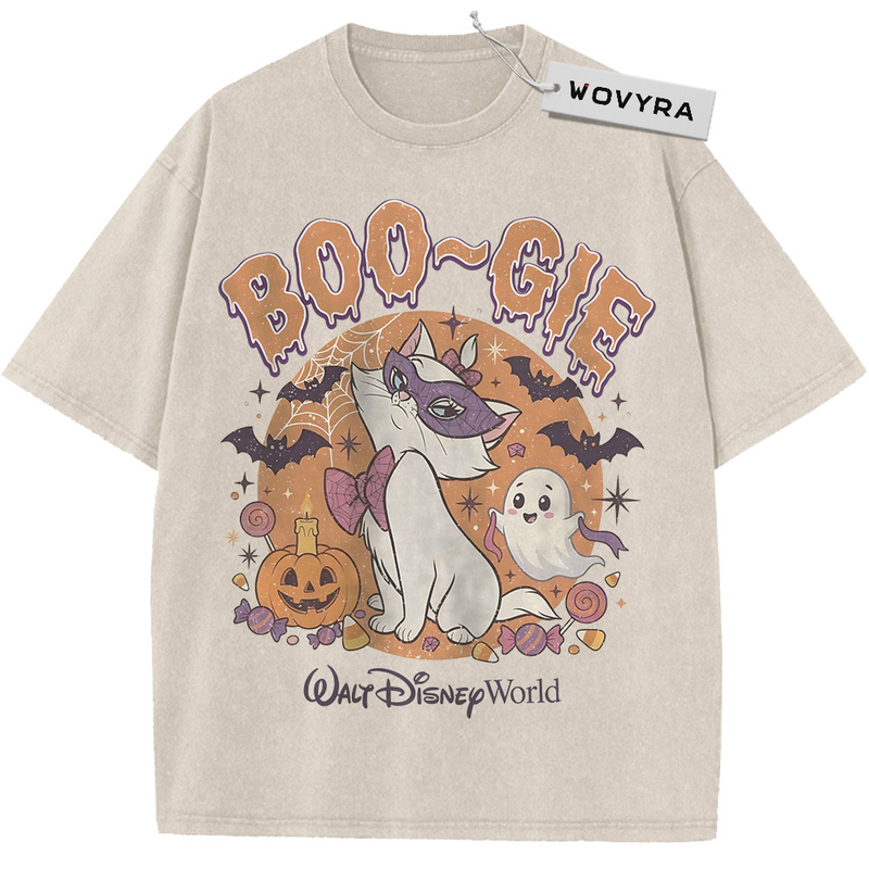 The Aristocats Marie Boo-Gie Halloween Vintage T-Shirt with a white cat with a purple hat, pumpkins and small ghosts
