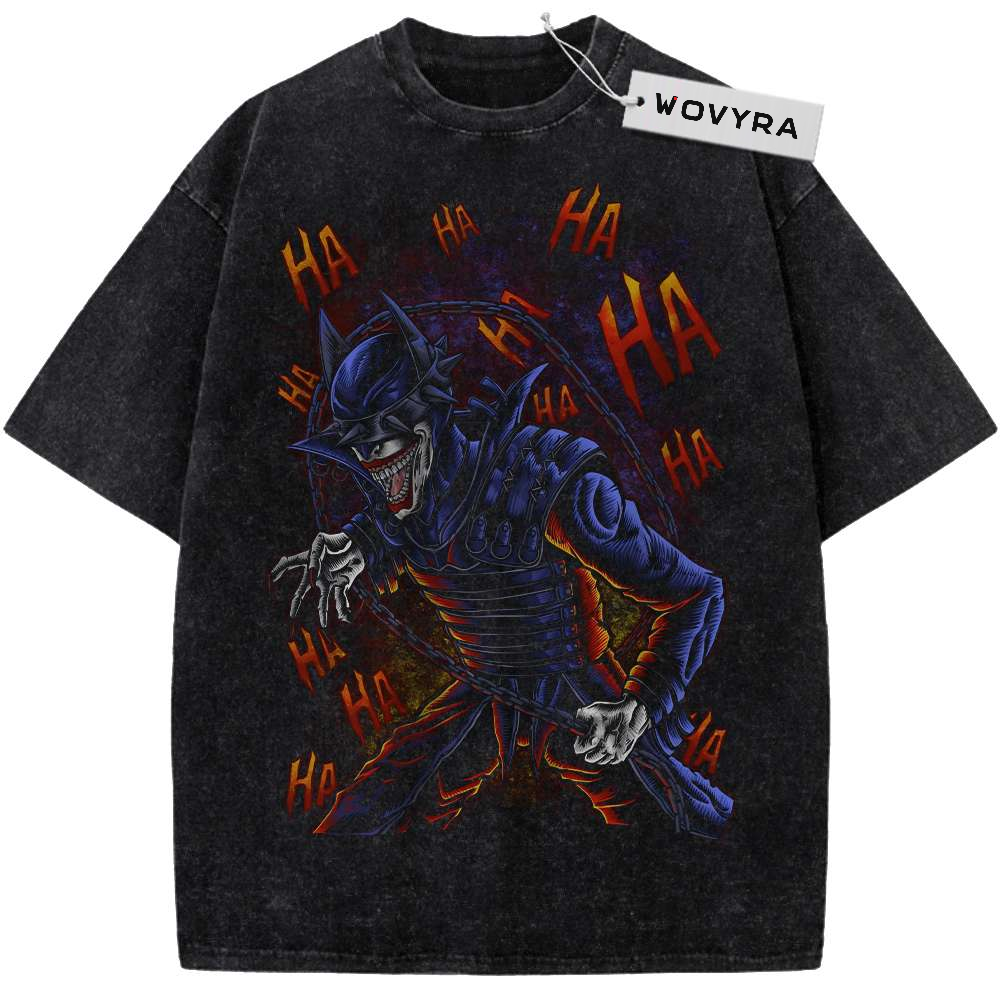 The Batman Who Laughs Blue Armor Vintage T-Shirt with a blue-armored figure surrounded by orange laughter marks
