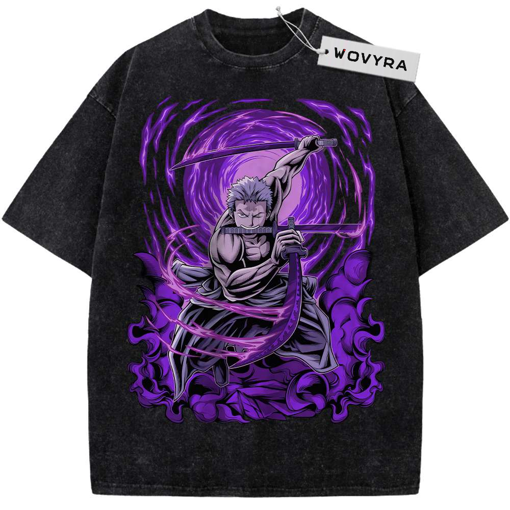One Piece Roronoa Zoro Purple Sword Vintage T-Shirt with a swordsman framed by a swirling purple circular graphic