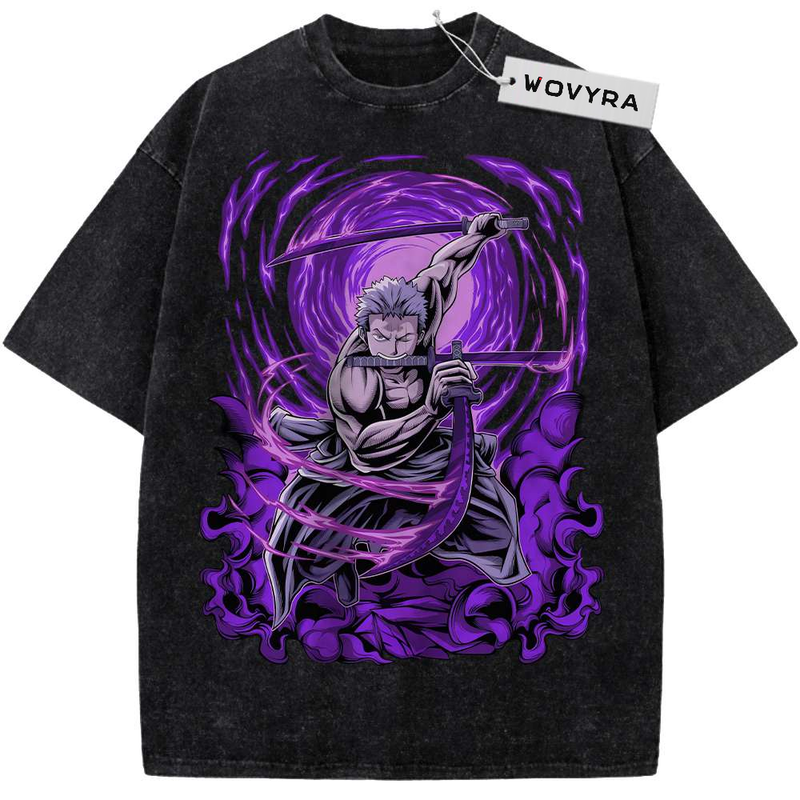One Piece Roronoa Zoro Purple Sword Vintage T-Shirt with a swordsman framed by a swirling purple circular graphic