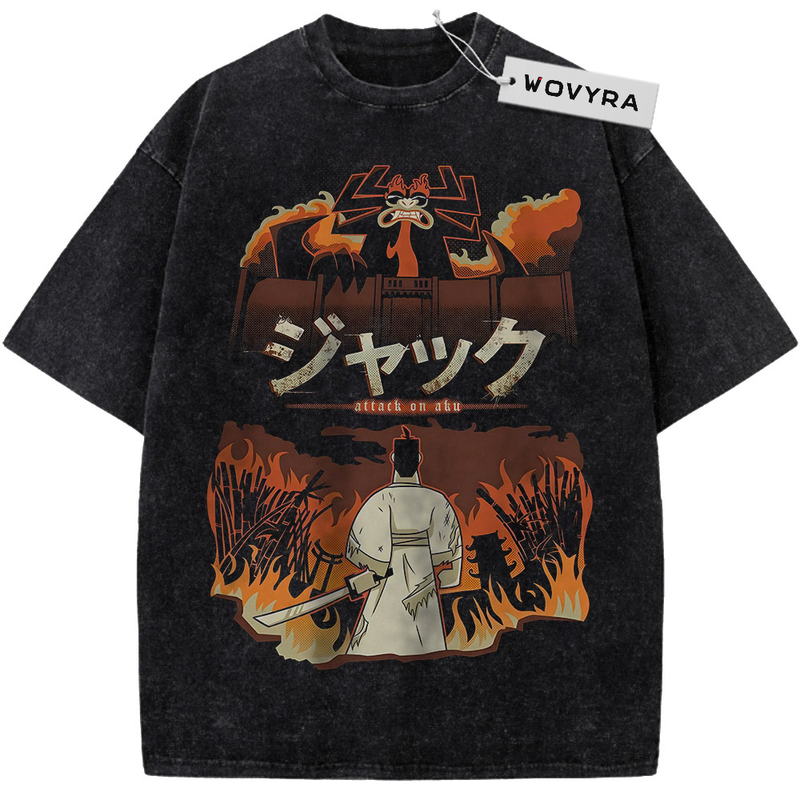Vintage T-shirt featuring Samurai Jack scenes arranged in orange sunset panels
