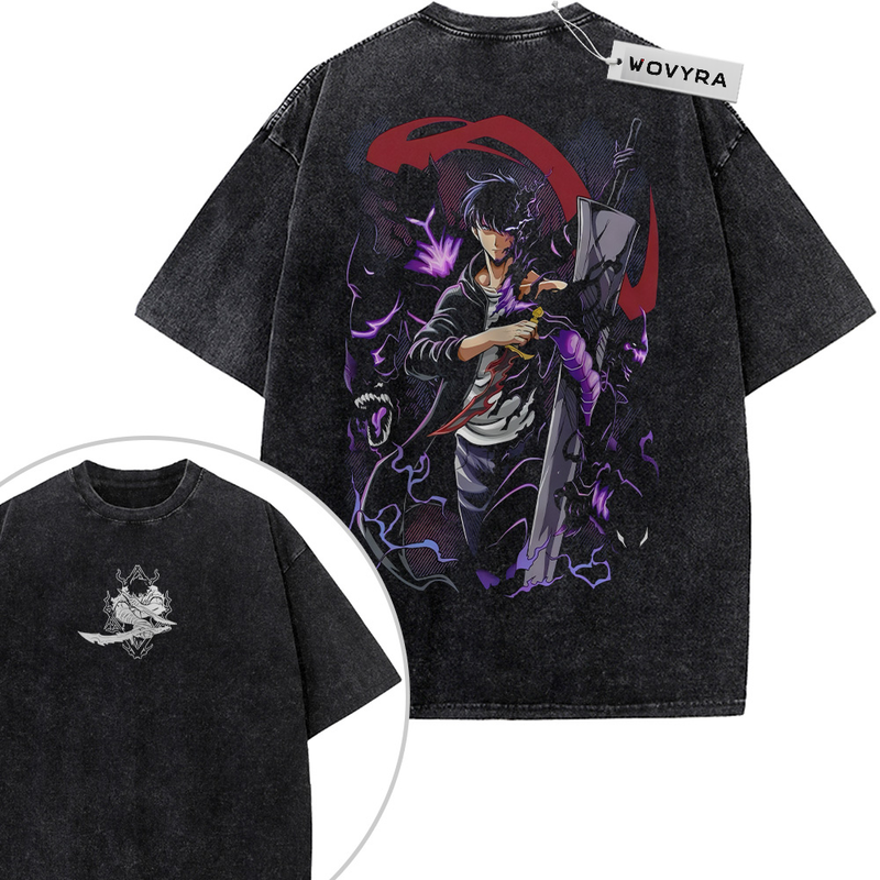 2-sided vintage T-shirt featuring Sung Jinwoo surrounded by purple energy and a red circular mark