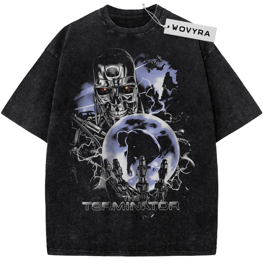 The Terminator Chrome Skull Moon Vintage T-Shirt with a metallic skull above a moonlit character scene