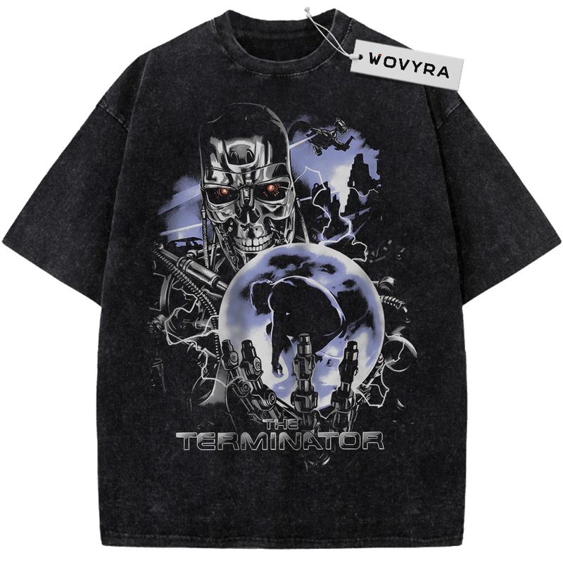 The Terminator Chrome Skull Moon Vintage T-Shirt with a metallic skull above a moonlit character scene