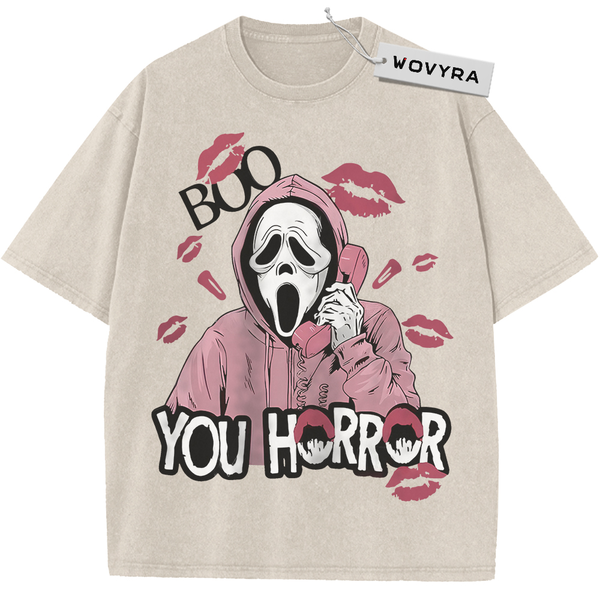 Ghostface Boo You Horror Vintage T-Shirt with a pink-hooded mask, lipstick marks and playful horror lettering