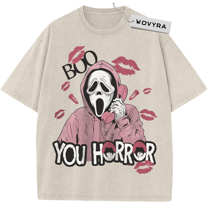 Ghostface Boo You Horror Vintage T-Shirt with a pink-hooded mask, lipstick marks and playful horror lettering