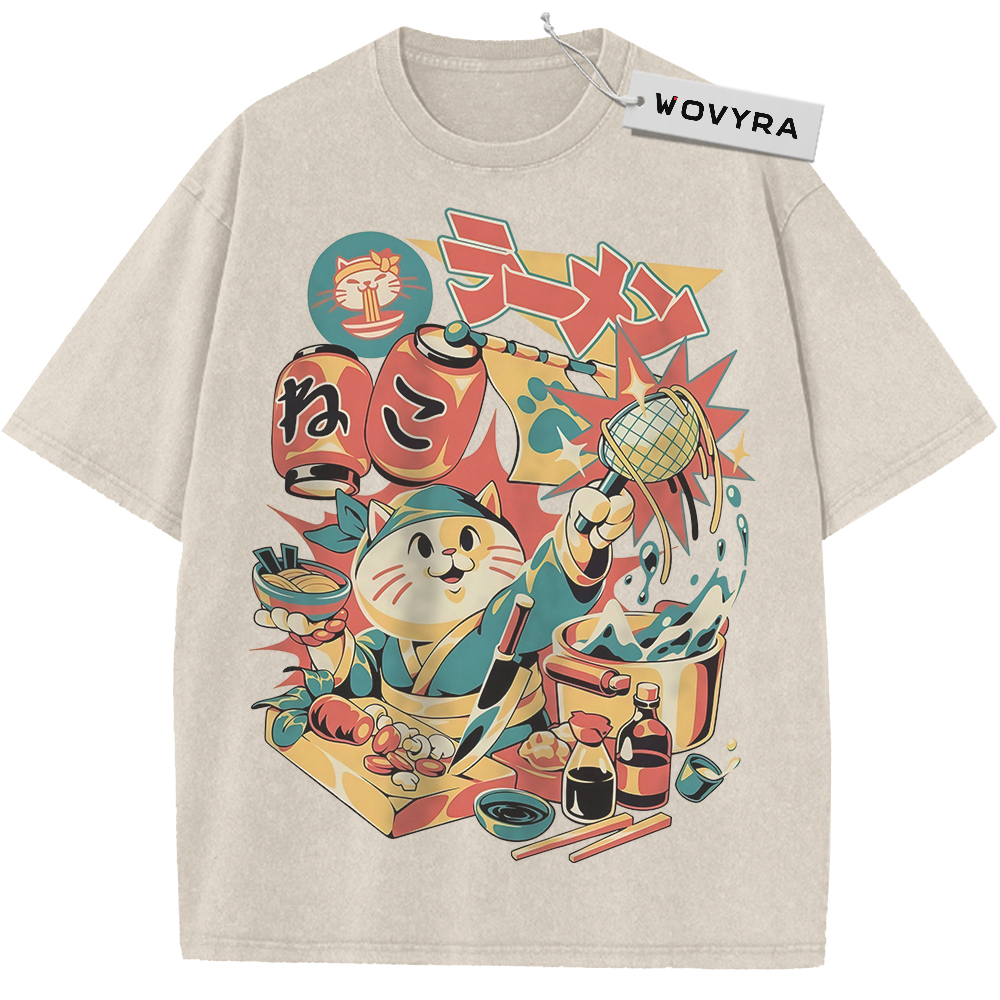 Neko Ramen Cat Food Collage Vintage T-Shirt with a smiling cat among ramen bowls, lanterns and Japanese lettering