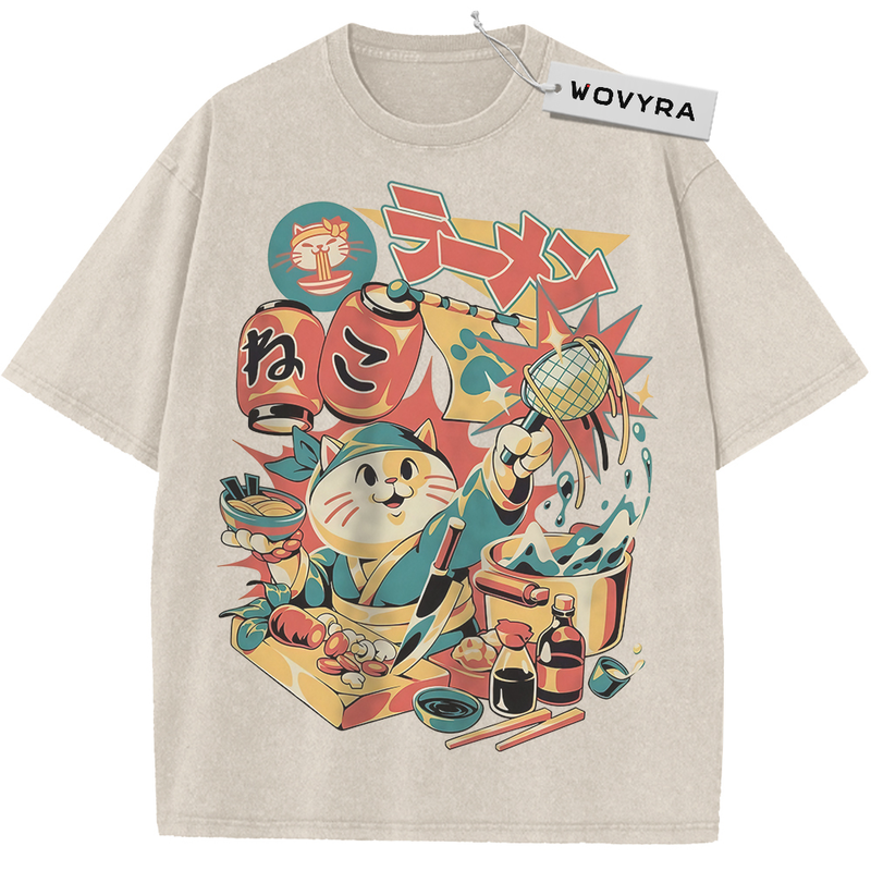 Neko Ramen Cat Food Collage Vintage T-Shirt with a smiling cat among ramen bowls, lanterns and Japanese lettering