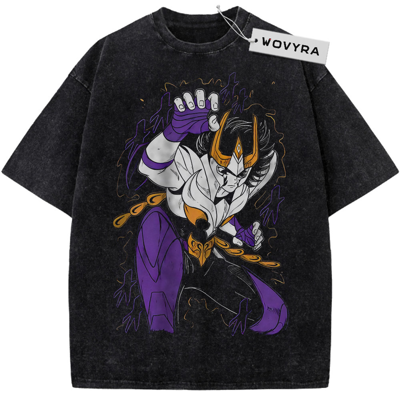 Saint Seiya Phoenix Ikki Raised Fist Vintage T-Shirt with a purple-and-white armored character raising one fist