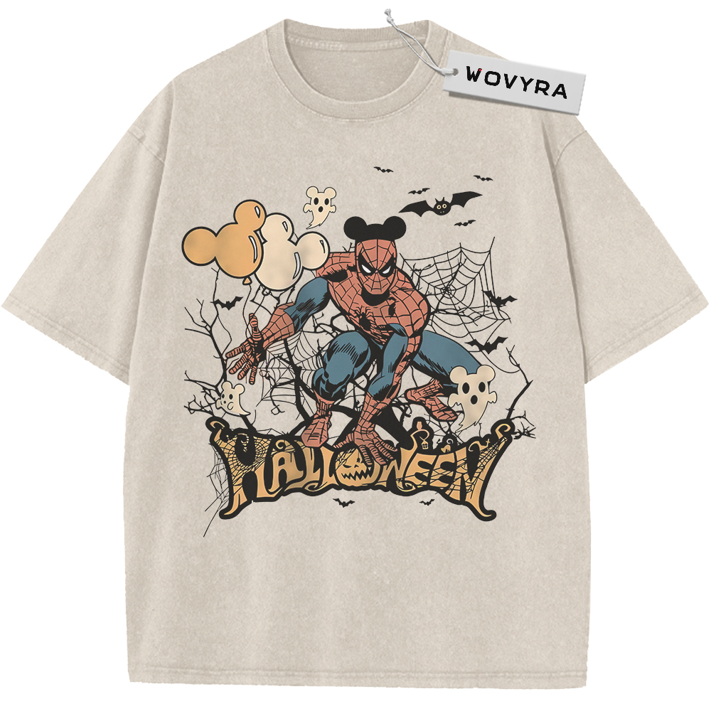 Vintage T-shirt featuring Spider-Man posed with pumpkin and cobweb details under Halloween lettering